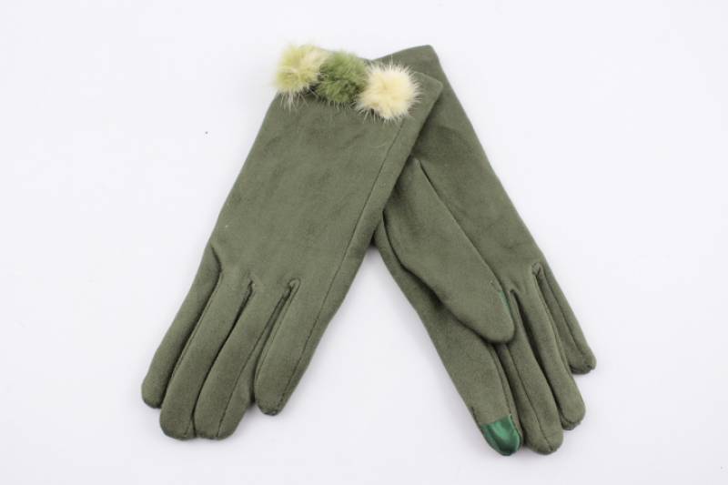 gants d'hiver kaki pompons fourrure